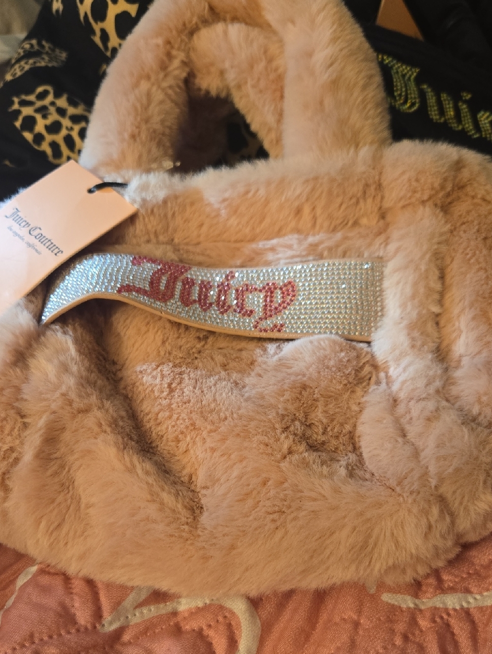 Juicy Couture Plush Pink Faux Fur Tote with Crystal Logo Strap